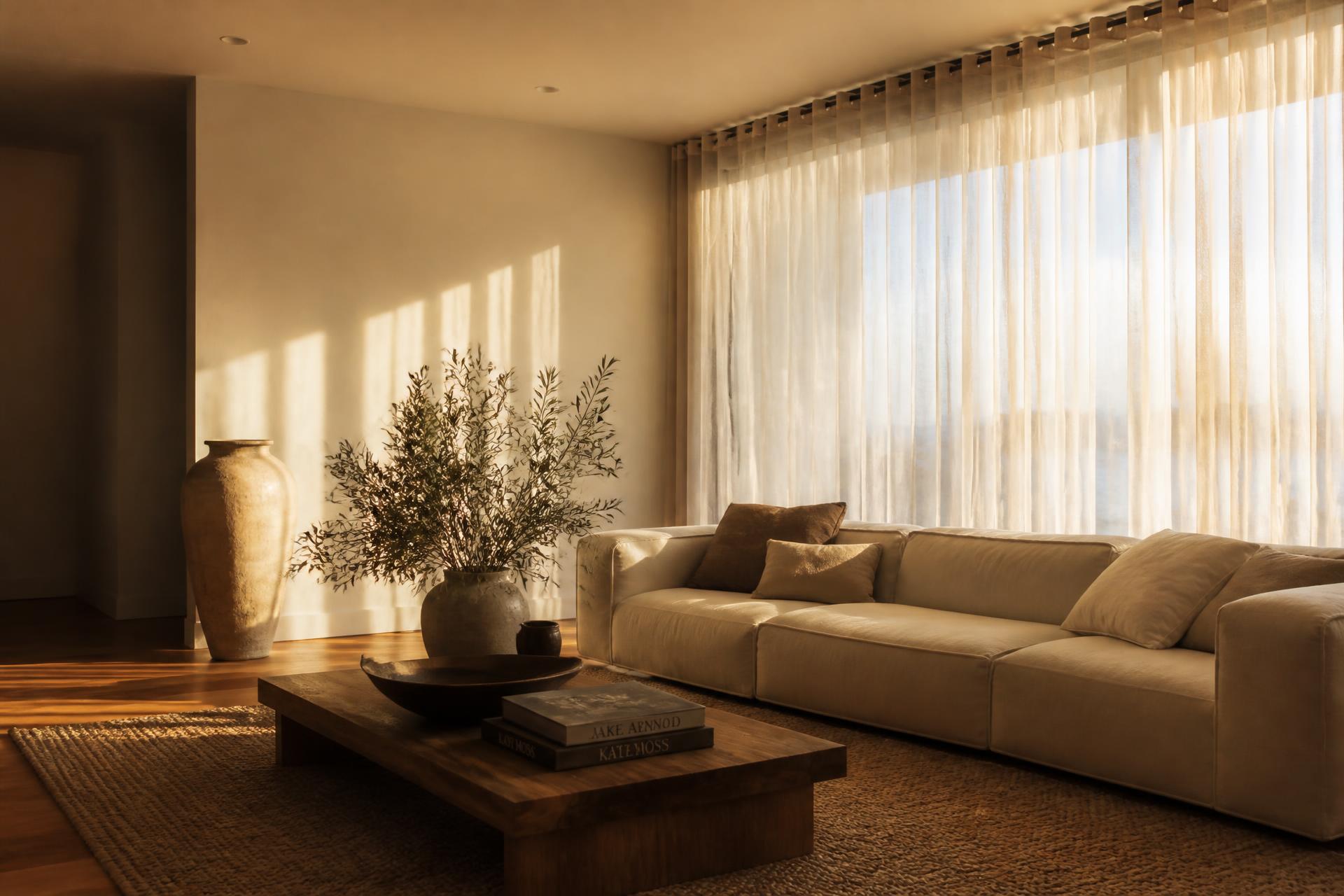 Sunlit minimal living room with linen sofa and oak floors